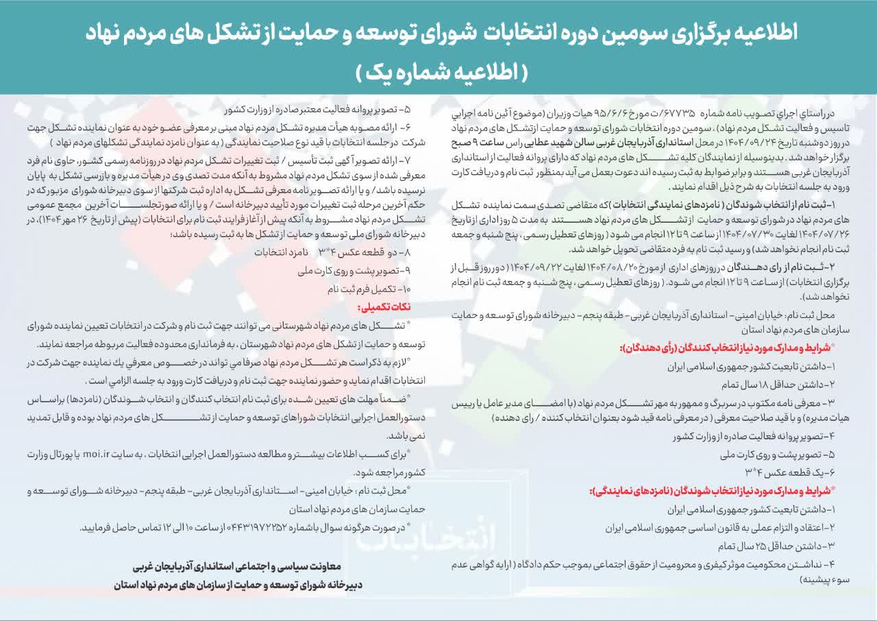 اطلاعیه برگزاری سومین دوره انتخابات شورای توسعه و حمایت ازتشکل های مردم نهاد